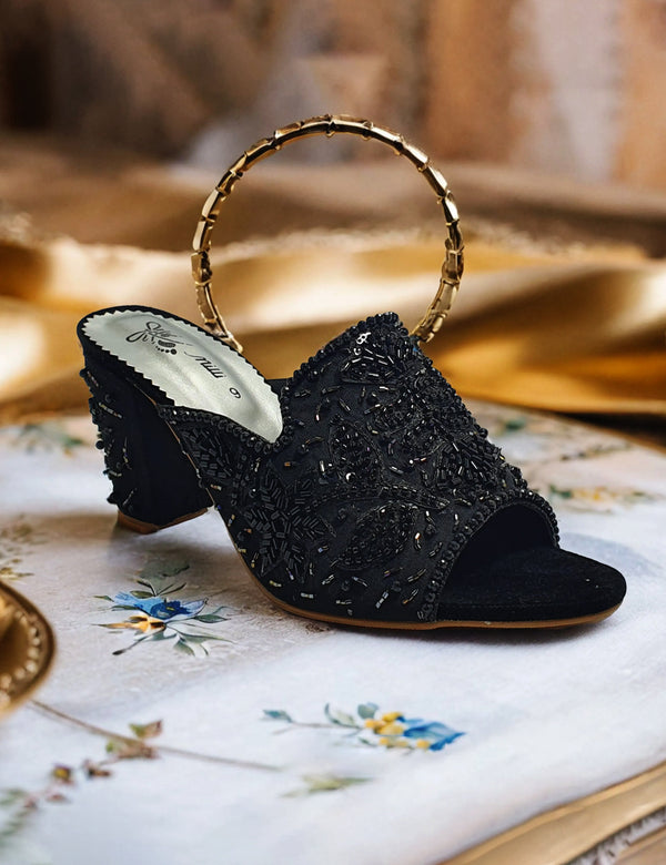 Black Fancy Heel Slippers for women