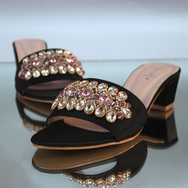 Black Fancy Heel Slippers For Women