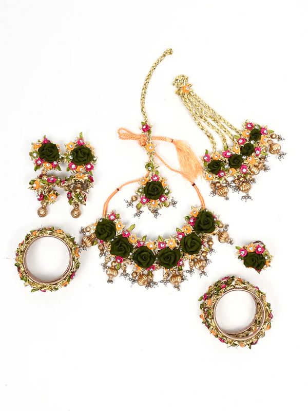 Green And Golden Gota Patti Floral Bridal Set For Women